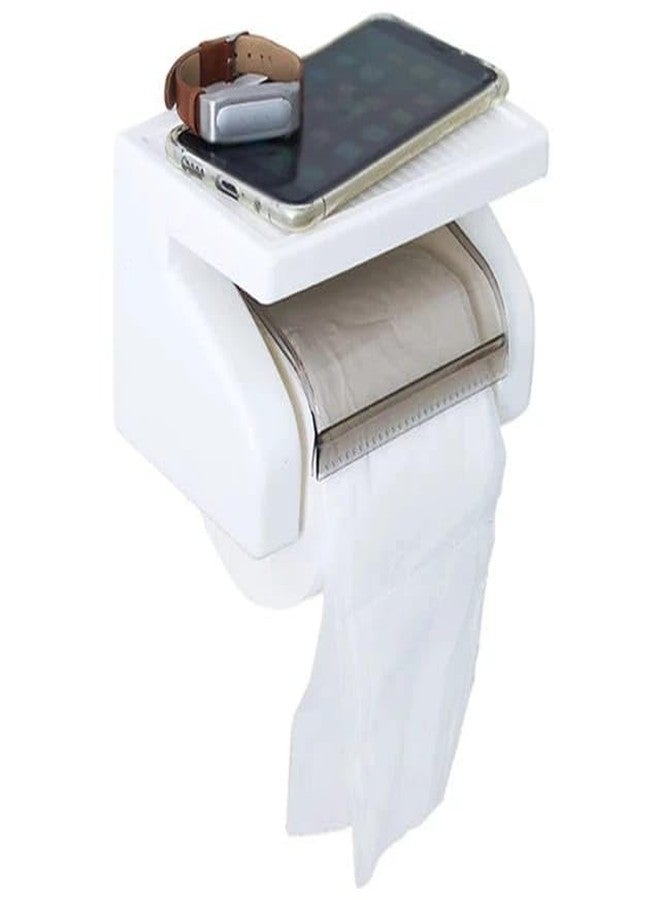 NISHWARE Plastic Toilet Paper Holder Tissue Roll Stand Box with Shelf Rack for Bathroom Accessories - White Color (Pack of 1)